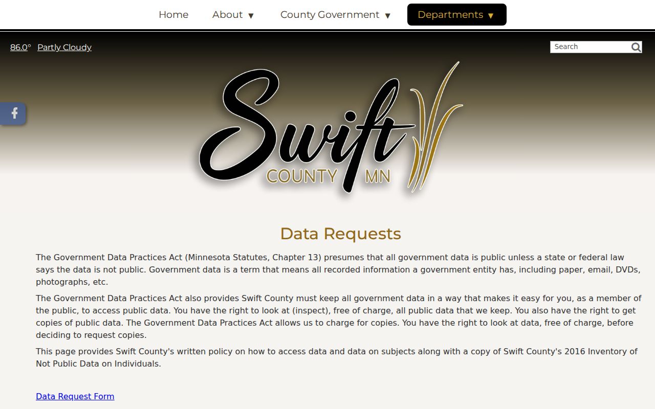 Swift County city court warrant records request page for government data access