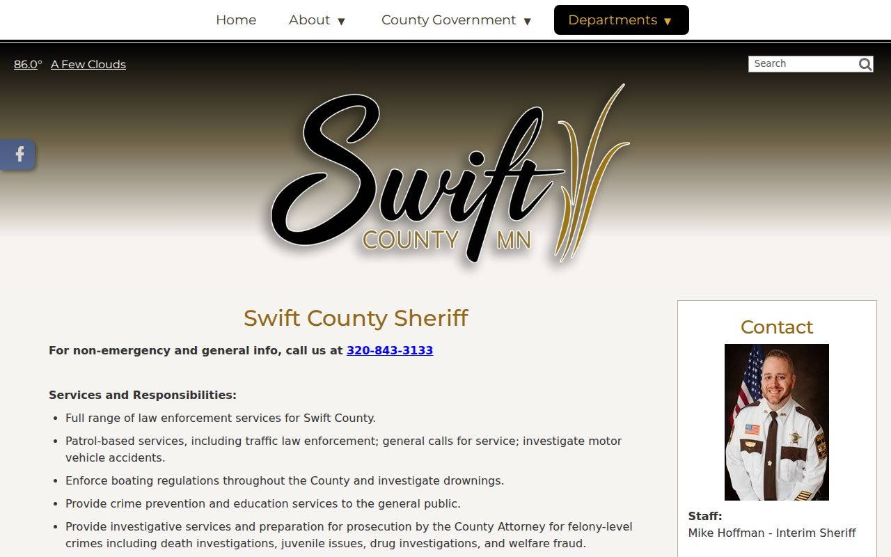 Swift County arrest warrant service responsibility listed on the sheriff's office page