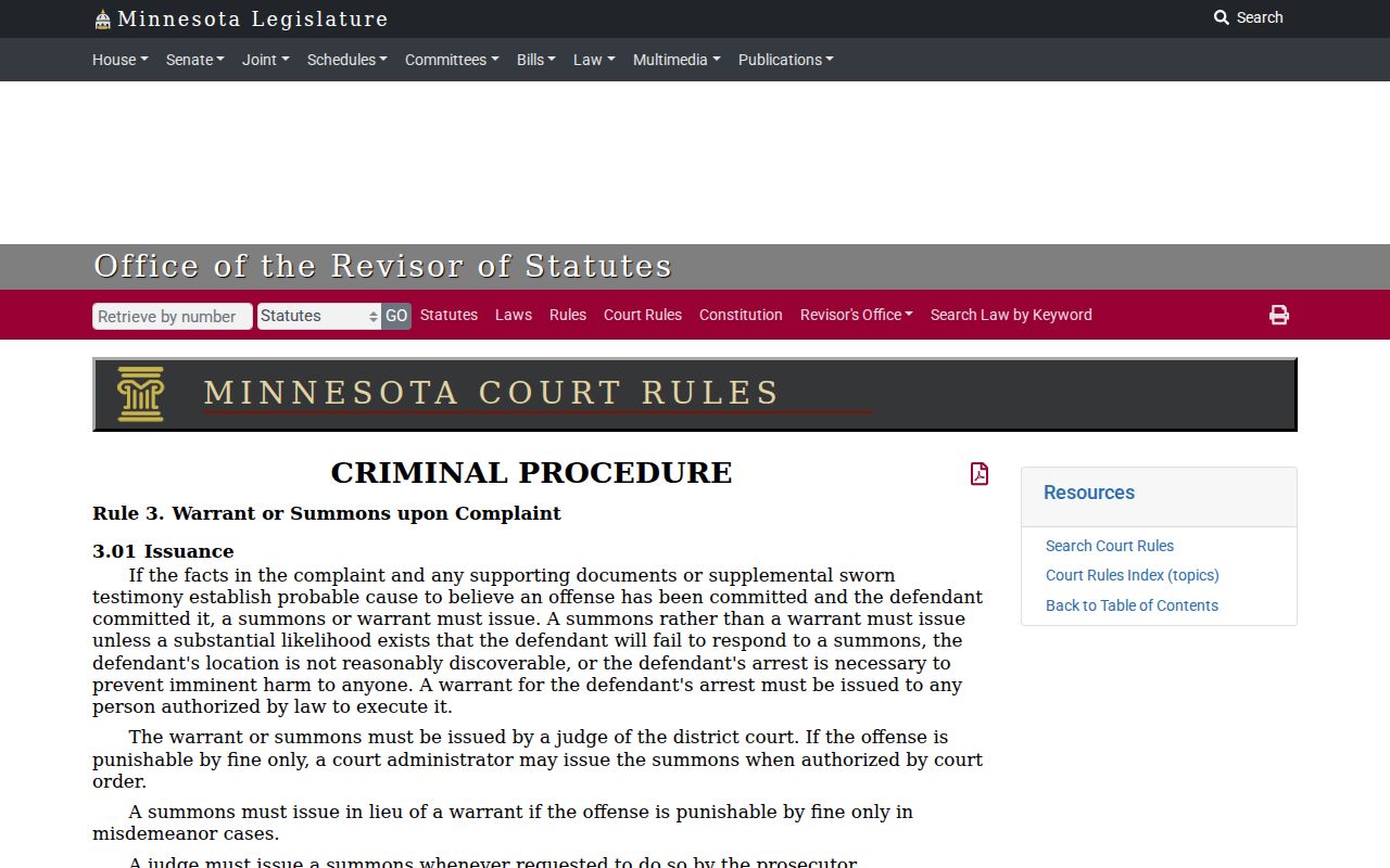 Swift County arrest warrant issuance text in the Minnesota criminal rules