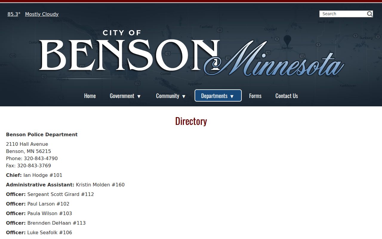 Benson warrant contact details listed by the Benson Police Department directory