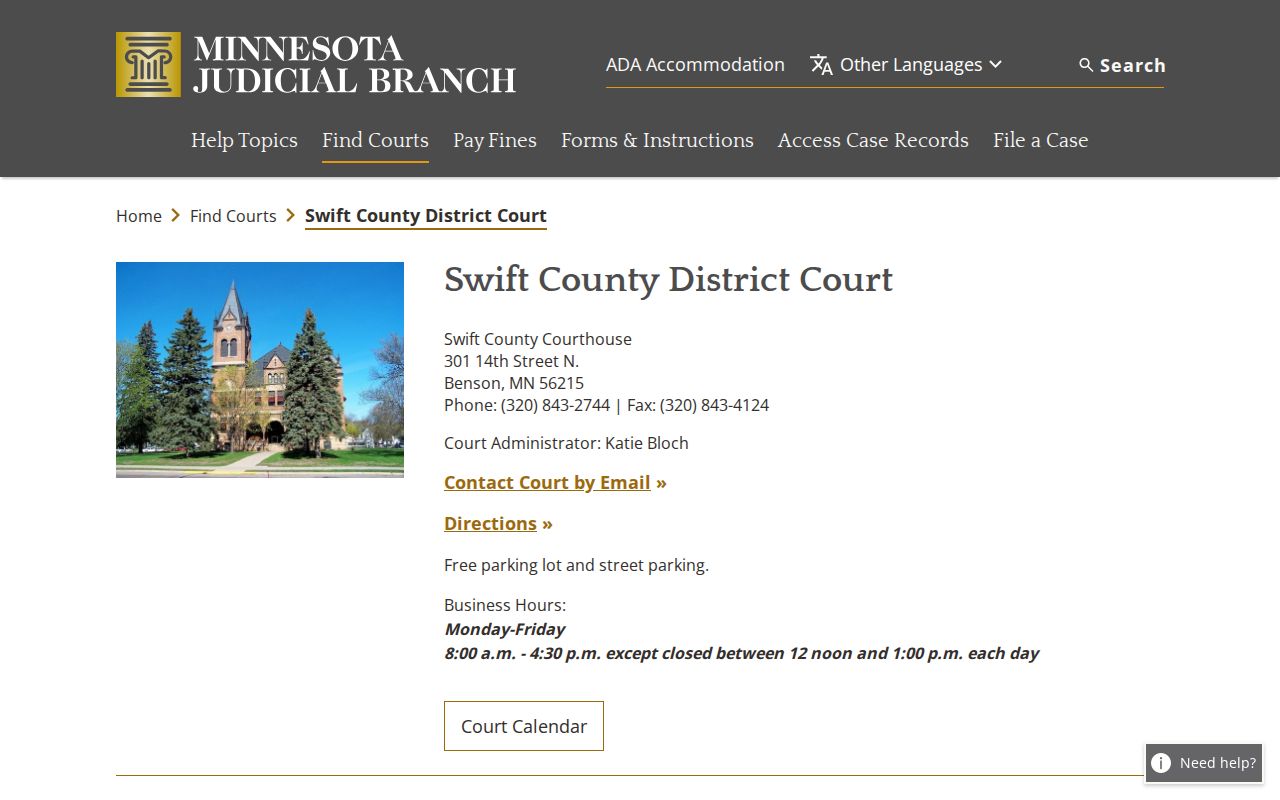 Swift County court office handling warrant records, hours, and parking information